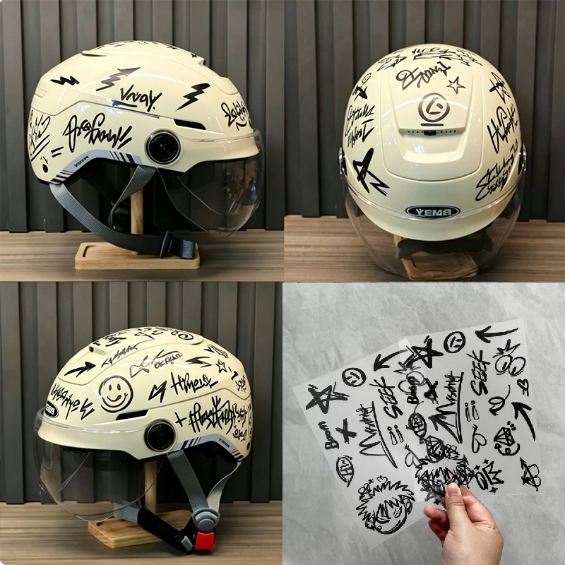Scooter Helmet Set - 2pcs Set Stiker Helm Motor Grafiti